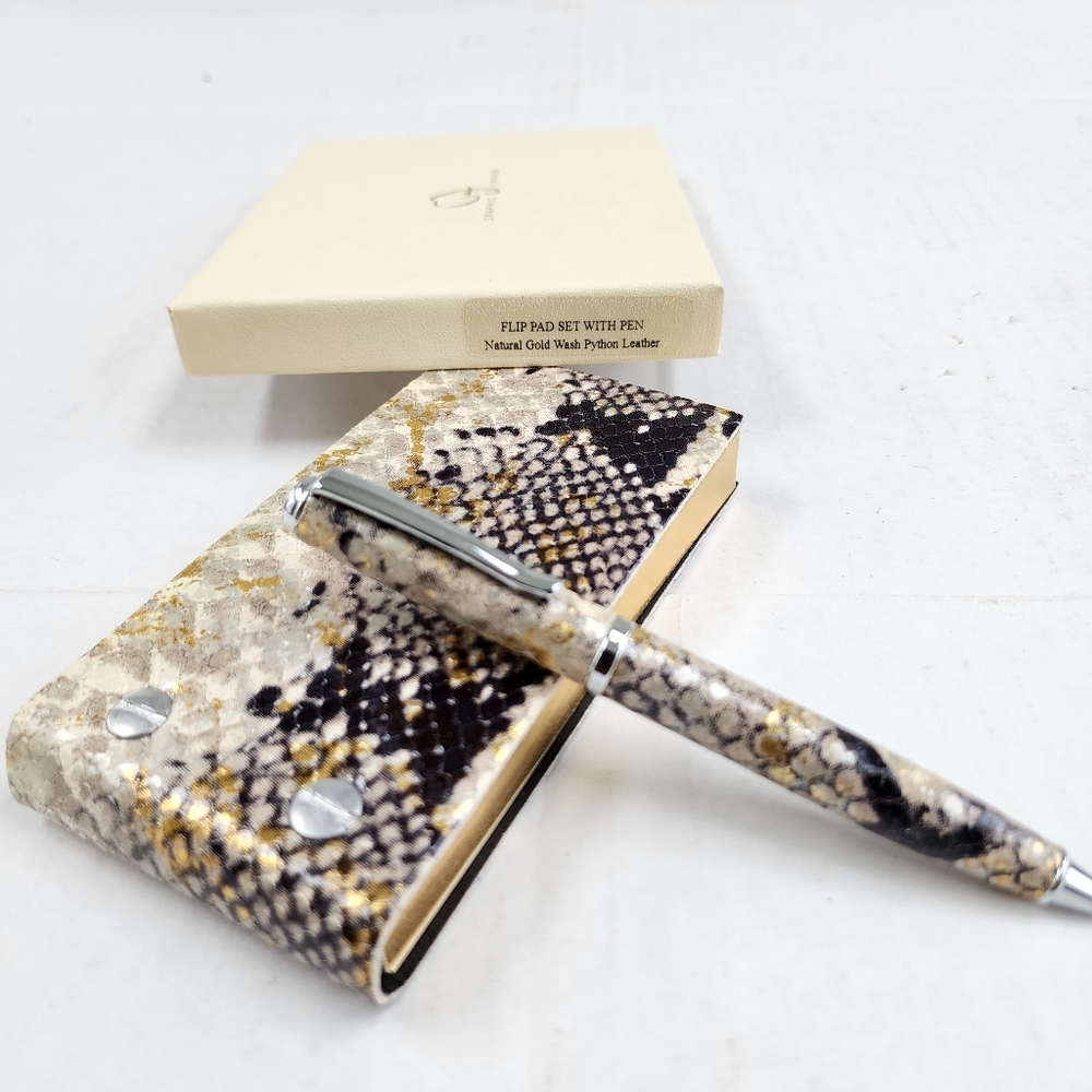 Graphic Image Refillable Gold Italian Leather Python Flip Pad Pen Set - Picture 4 of 12